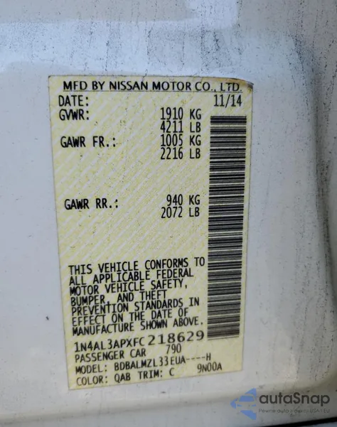 2015 Nissan Altima 2.5 z USA, uszkodzony, nr VIN 1N4AL3APXFC218629